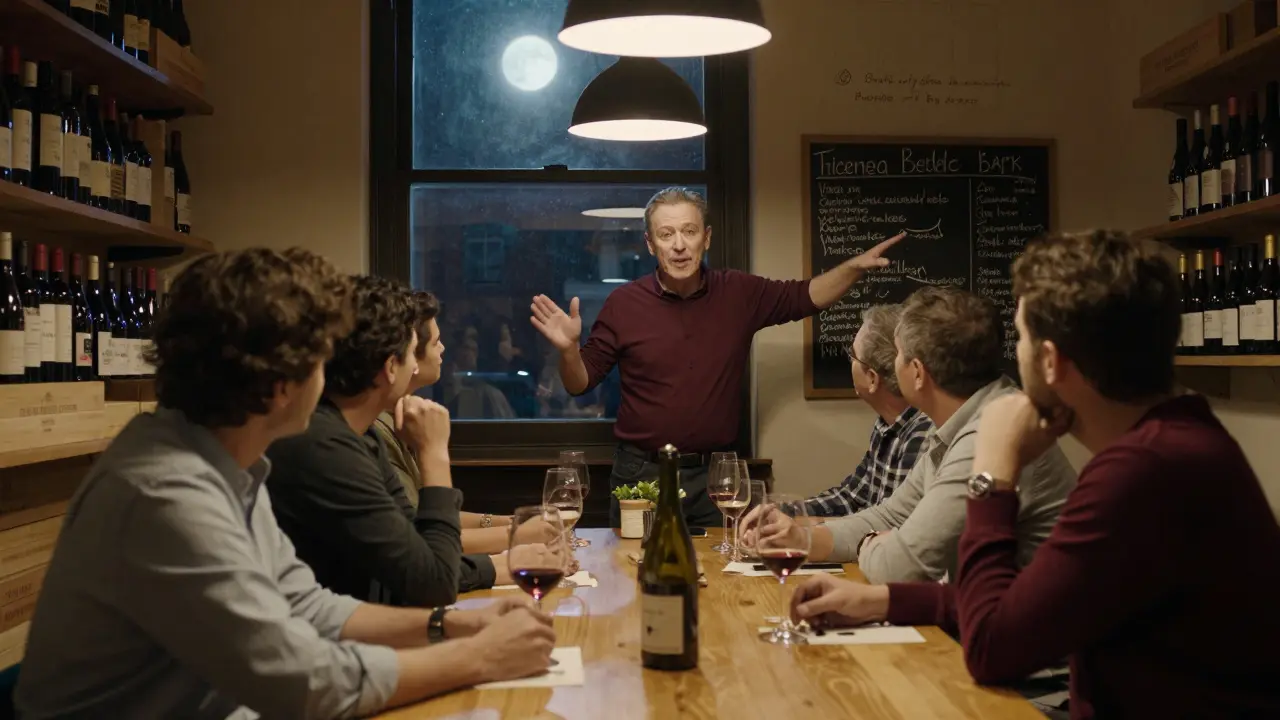 Six guests tasting Portuguese wines during a sommelier-led evening in a softly lit Notting Hill wine bar.
