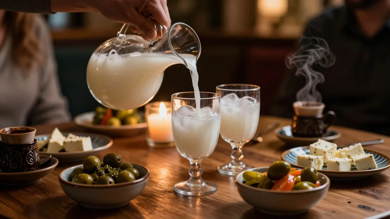 Table with milky white raki glasses and traditional Turkish meze plates.