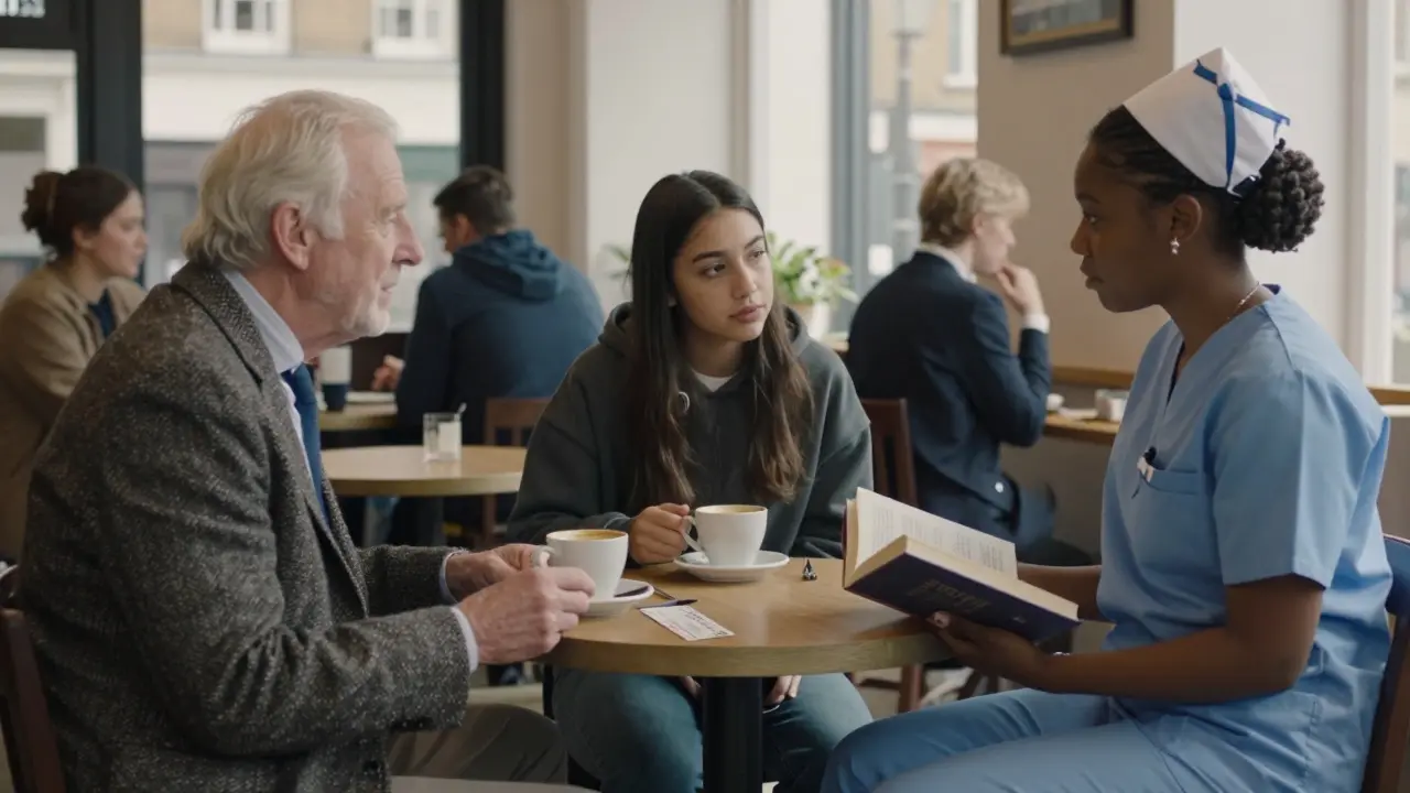 Three clients from different walks of life having quiet, respectful conversations with an escort in a café.