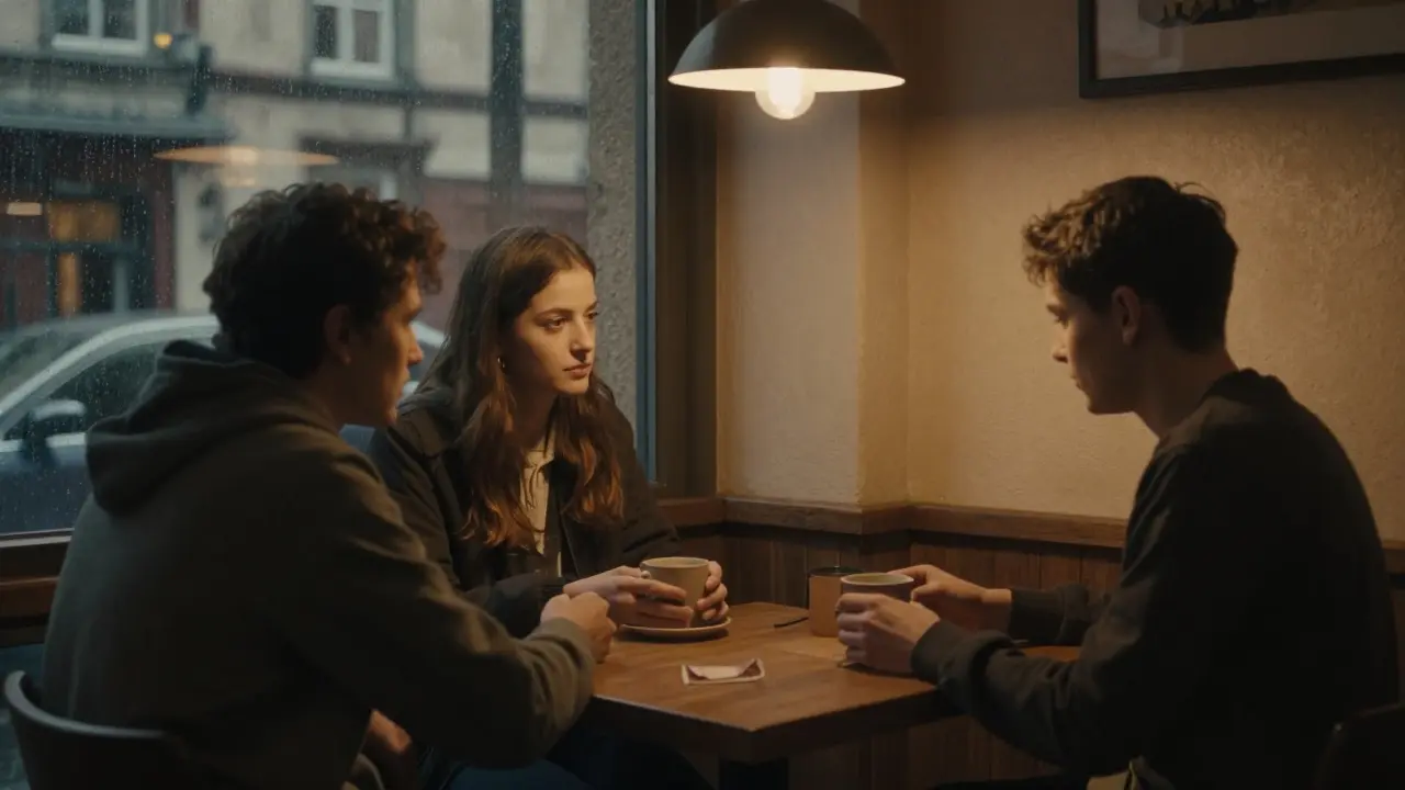 Three individuals meet in a quiet Berlin café, sharing silent solidarity over coffee.