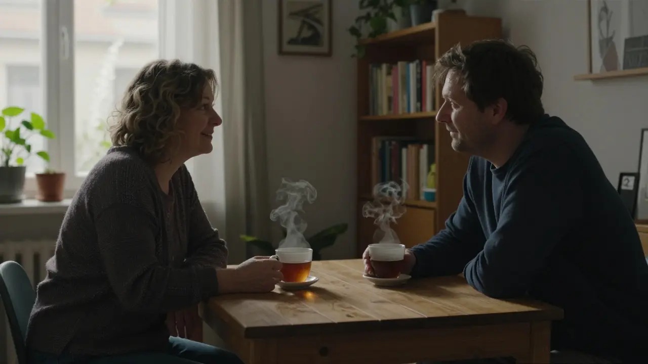 Two adults share a quiet moment over tea in a cozy Berlin apartment, surrounded by books and natural light.