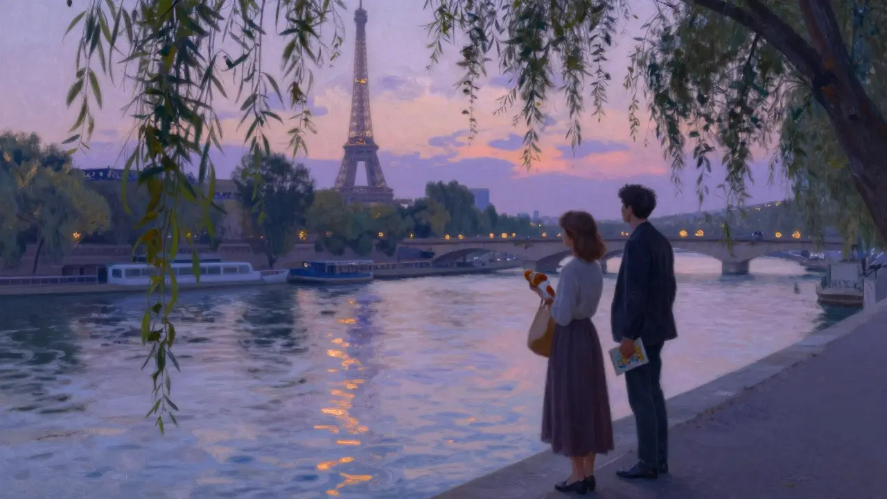 Two people stand by the Seine at sunset, Eiffel Tower sparkling behind them, reflections on the water.