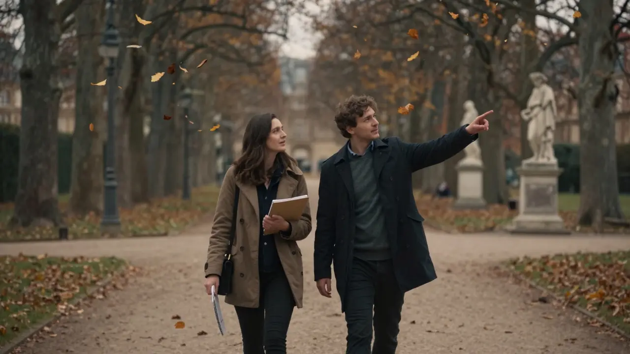 Two people stroll peacefully through Luxembourg Gardens, autumn leaves swirling around them.