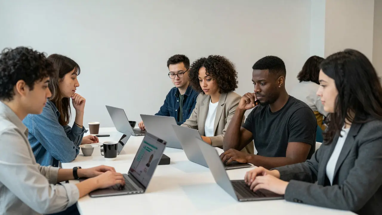 Young professionals in a modern co-working space, one woman reviewing a freelance companionship profile on her tablet, blending work and personal autonomy.
